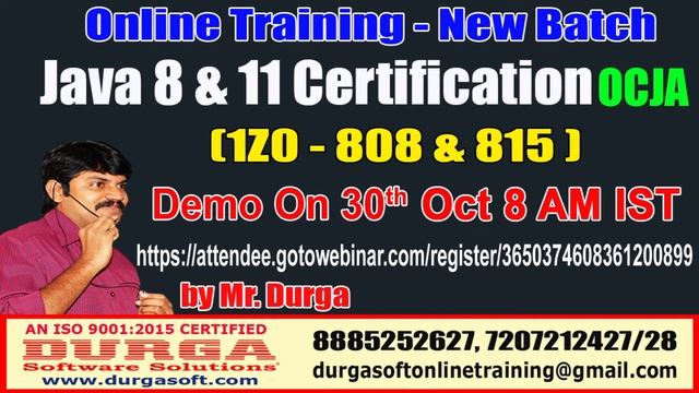 Java Certification 8 & 11 OCJA (1Z0 - 808 & 815 ) Online Training On 30th Oct @ 8 AM by Durga sir смотреть онлайн