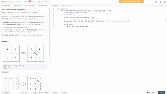 SHORTEST PATH IN A BINARY MATRIX | LEETCODE 1091 | PYTHON BFS SOLUTION смотреть онлайн