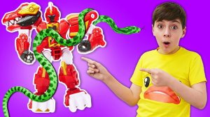 Роботы трансформеры Супер 10 Ректор и Тиранус — схватка за Суперкамень! Игрушки для мальчиков