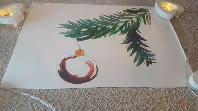 Новогодняя открытка. Рисунок акварелью. Ветка ели./?Christmas смотреть онлайн