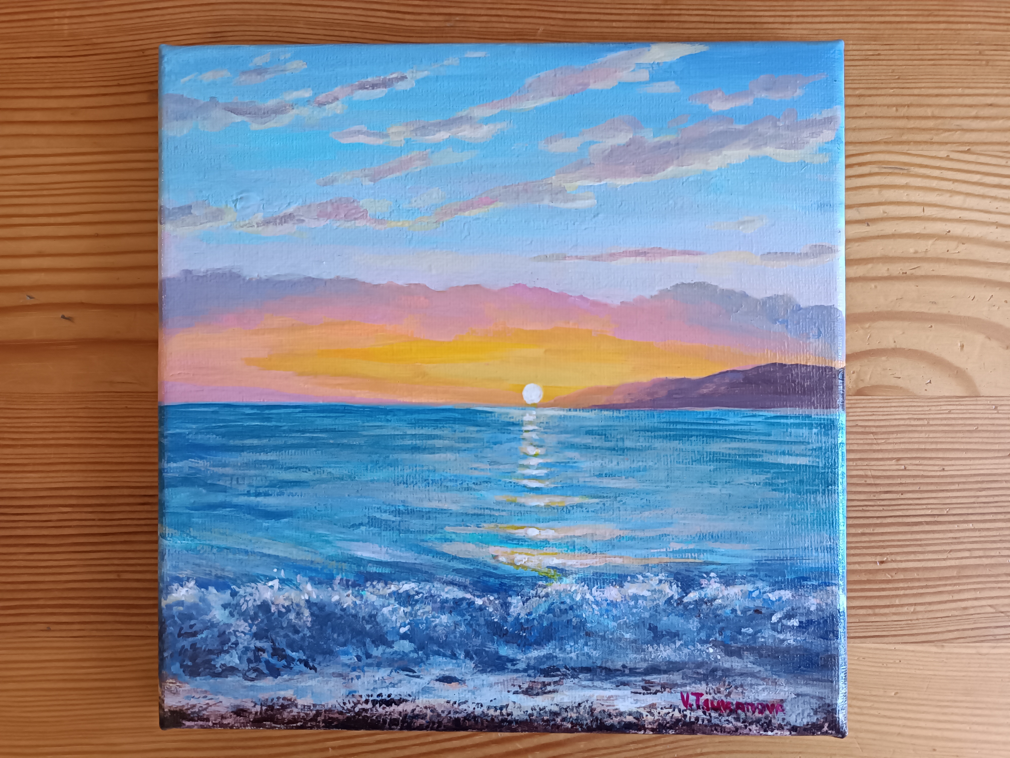 Обзор картины "Сочи, пляж, закат" - акрил 20х20см смотреть онлайн