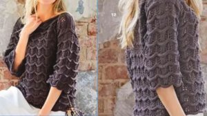 Лёгкий и воздушный пуловер. Узор спицами ажурные волны.