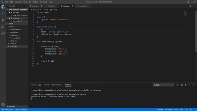Golang chat application 4 - Dynamic rendering with templates and route handling смотреть онлайн