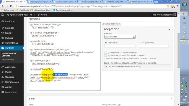 Contact form 7 plugin. Parte 3. Añadir casilla de verificación y aviso legal смотреть онлайн