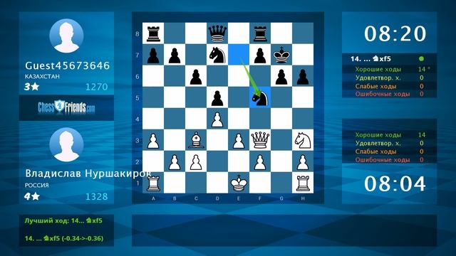 Анализ шахматной партии: Владислав Нуршакиров - Guest45673646, 1-0 (по ChessFriends.com) смотреть онлайн