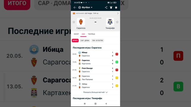 Прогноз Сарагоса -Тенерифе,26 05 23г (в) смотреть онлайн