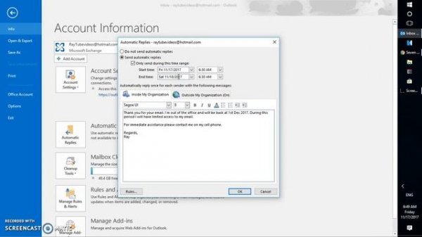Outlook 2016 Setting Up Automatic Out of Office Replies