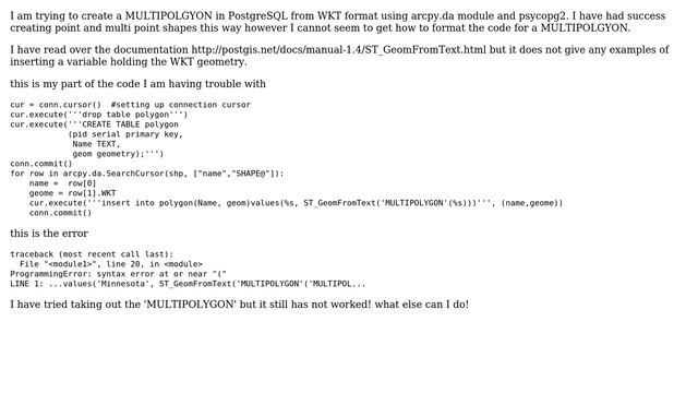 GIS: Arcpy to PostgreSQL using psycopg2 with MULTIPOLYGON using WKT смотреть онлайн