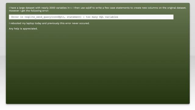 Error in R Using SQLDF: too many SQL variables смотреть онлайн