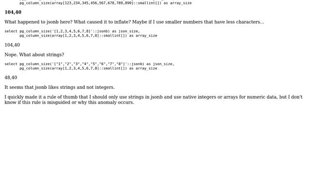 Databases: Why does jsonb use more space for storing integers? смотреть онлайн