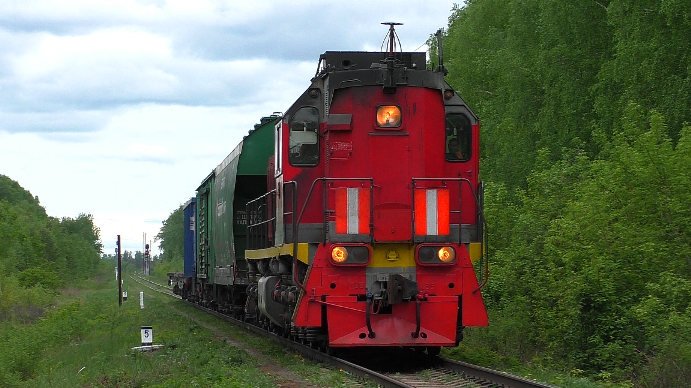 ТЭМ18ДМ-569 с небольшим грузовым поездом следует через о.п. 117 км