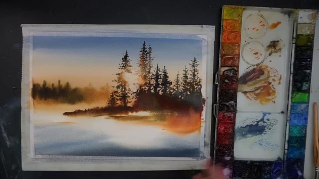 watercolor painting foggy landscape - Sunrise scene смотреть онлайн