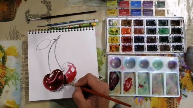 Рисуем вишенки. Скетчинг акварелью. смотреть онлайн