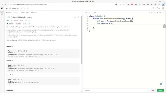 LeetCode 1991 | Find the Middle Index in Array | Array | Debug | Java смотреть онлайн