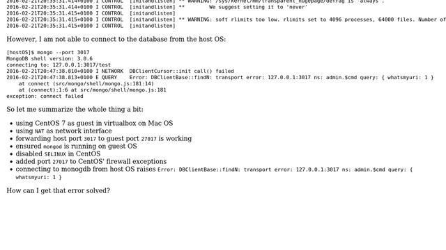 Unable to connect to mongodb running in virtualbox (host: Mac OS, guest: CentOS) (2 Solutions!!) смотреть онлайн