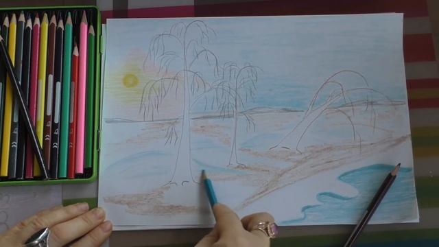 Как просто нарисовать весенний пейзаж деревья карандашами , грачи прилетели, легко. смотреть онлайн