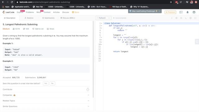 Leetcode 5: Longest Palindromic Substring Python Solution смотреть онлайн