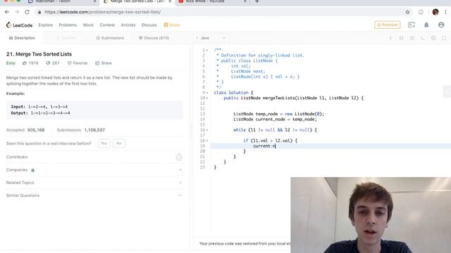 LeetCode Merge Two Sorted Lists Solution Explained - Java смотреть онлайн