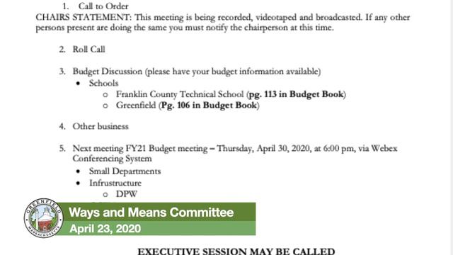 Greenfield Ways and Means Committee Meeting April 23, 2020 смотреть онлайн
