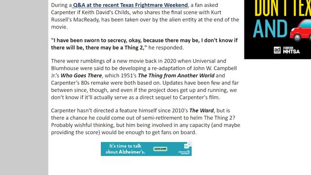 THE THING Sequel Teased By John Carpenter - Will Reveal Whether Child's Or MacReady Was The THING! смотреть онлайн