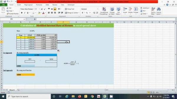 How to calculate Modified Internal Rate of Return (MIRR) in Excel spreadsheet
