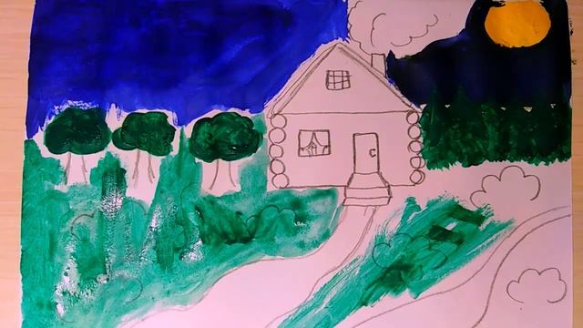 Как нарисовать гуашью просто домик в лесу, пошагово, часть 1,рисунки для детей смотреть онлайн