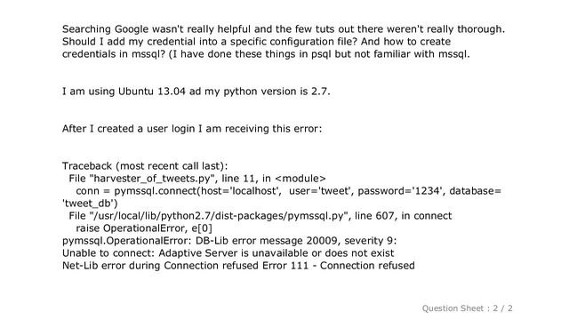 MySQL : pymssql.OperationalError: DB-Lib error message 20009, severity 9 смотреть онлайн