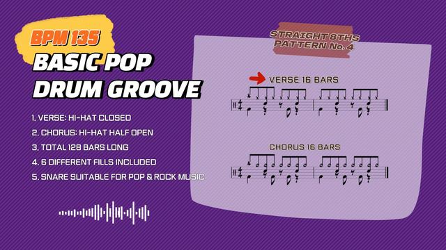 Straight 8ths Pattern No.4 BPM 135 (6 diffrenet FILLs included) Pop Rock Drum Beat Groove Metronome смотреть онлайн