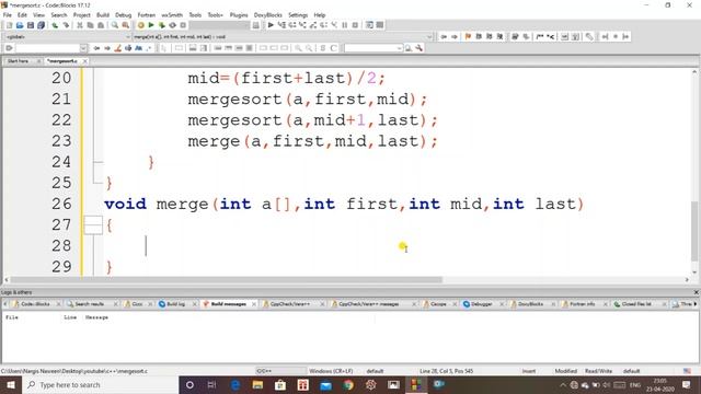 Program For Merge Sort in C смотреть онлайн