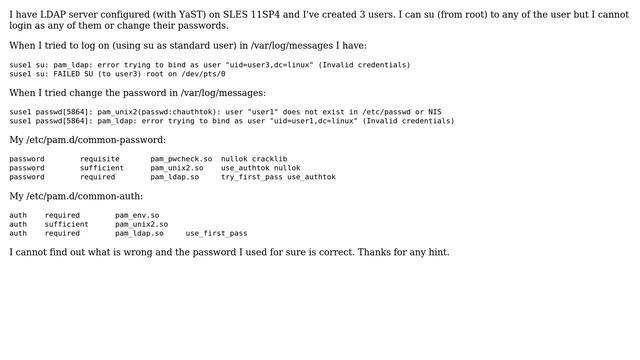 Unix & Linux: SLES 11SP4 LDAP - error trying to bind as user - (Invalid credentials) смотреть онлайн