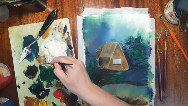 Как нарисовать домик в лесу. Нарисуем пейзаж. Как нарисовать лес. Летний пейзаж гуашью. смотреть онлайн