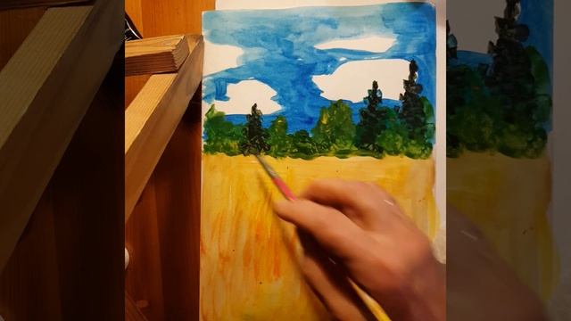 Рисуем сразу красками впервые. Лето, поле, небо, лес и травы. смотреть онлайн