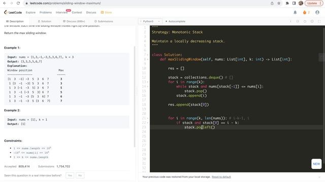 leetcode 239. Sliding Window Maximum - monotonic stack смотреть онлайн