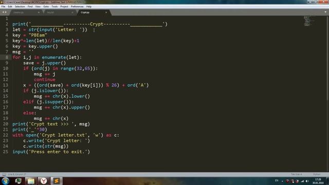 Python. Билдер шифровальщика/дешифровальщика с использованием шифра Виженера смотреть онлайн