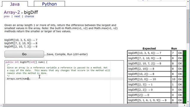 Coding Bat Solutions - Arrays 2 - bigDiff (Approach 1) смотреть онлайн