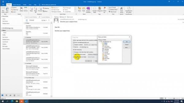 How to create folder in outlook for specific email address