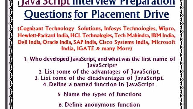 Java Script, DBMS (SQL & PostgreSQL) Placement Interview Questions. смотреть онлайн