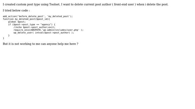 Wordpress: Delete Current Author Frontend user while delete custom post type смотреть онлайн