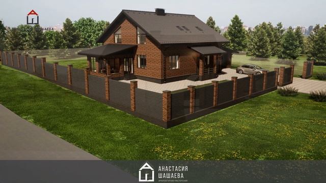 Дом с мансардным этажом, верандой и гаражом / Баварская кладка / Проект дома К-243 смотреть онлайн