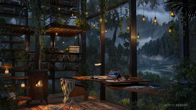 Cozy Loft Study Room In A Mountain Forest - Rain And Fireplace Sounds For Focus And Relaxation