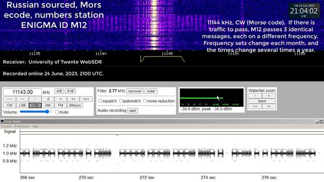 Russian, Morse code, spy numbers station ENIGMA ID M12, 11144 kHz, 24 June, 2023, 2100 UTC смотреть онлайн