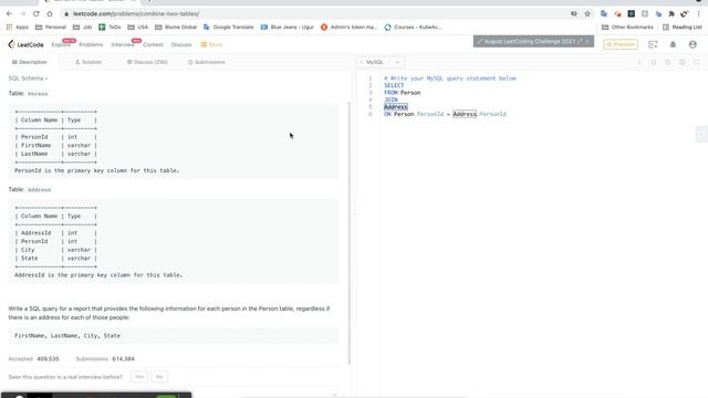 Database Coding Interview Questions - LeetCode - Combine Two Tables (Easy) смотреть онлайн
