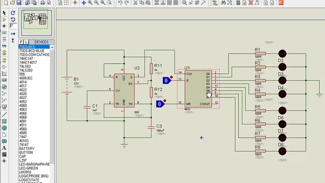CD4022 Counter Proteus Simulation With LED Flasher Circuit