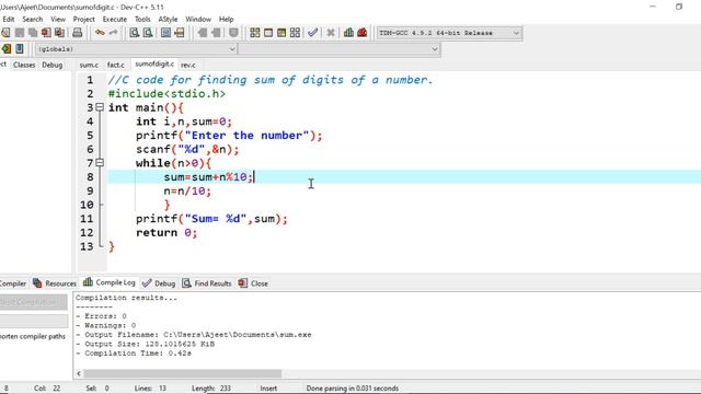 C code for sum of n natural numbers,factorial, sum of digits,reverse of a number смотреть онлайн