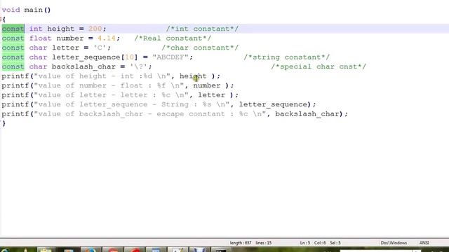 C CONSTANTS INT FLOAT CHAR SAMPLE PROGRAM смотреть онлайн
