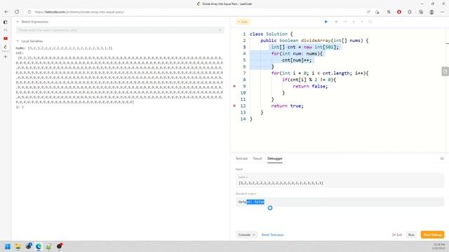 LeetCode 2206 | Divide Array Into Equal Pairs | Counting Array | HashSet | Debug | Java смотреть онлайн