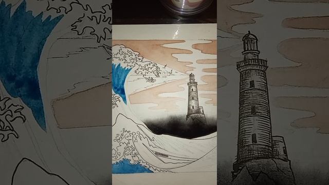 Рисуем маяк и большую волну в стиле японской гравюры/ укиё-э смотреть онлайн