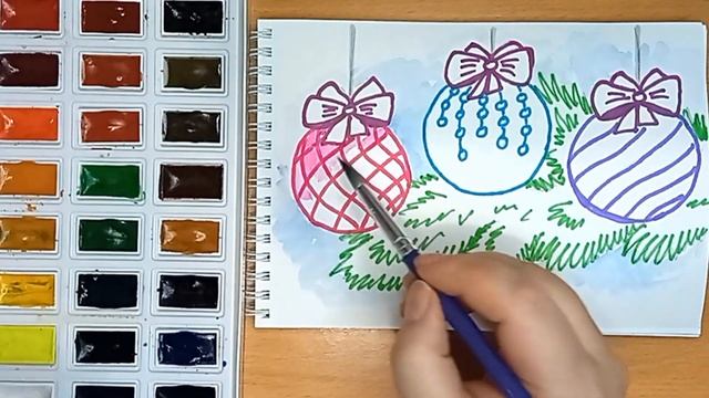 Как нарисовать новогоднюю ветку с шарами просто смотреть онлайн