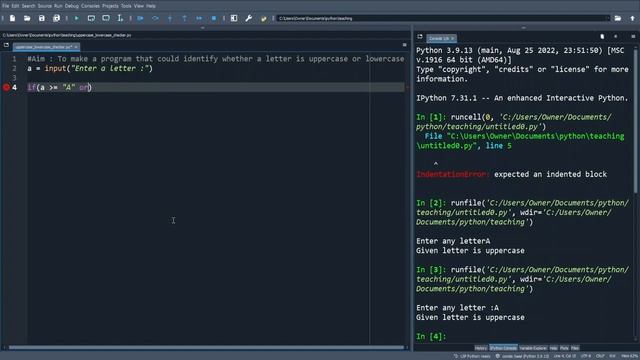 Program to identify whether a alphabet is in uppercase or lowercase | Python смотреть онлайн