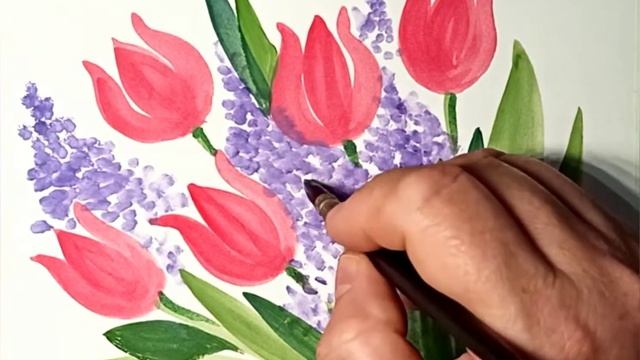 Тюльпаны и сирень. Как просто нарисовать гуашью цветы. смотреть онлайн